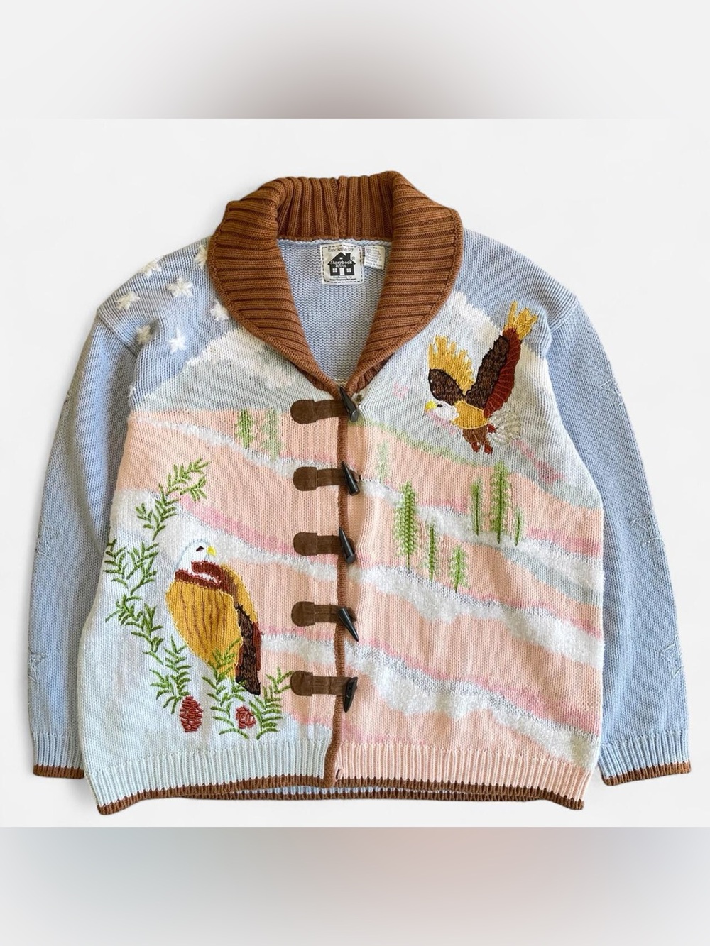 Vintage Storybook Knits Hand Knit Chunky Pastel Bald Eagle Embroidered Cardigan